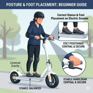 "A diagram showcasing the correct standing posture and foot placement, demonstrating how to ride an electric scooter safely for beginners by maintaining balance."