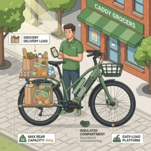 Digital illustration of a delivery person using the caddy bikecaddy bikecaddy bike to transport multiple grocery bags.