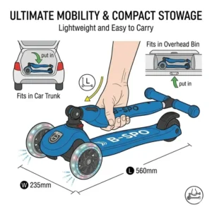 A compact childrens folding scooter folded and placed inside a car trunk for travel.