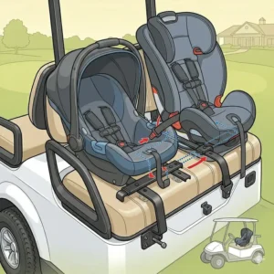 Illustration 2: Illustration of a rear-facing infant car seat for golf cart positioned on a golf cart seat.