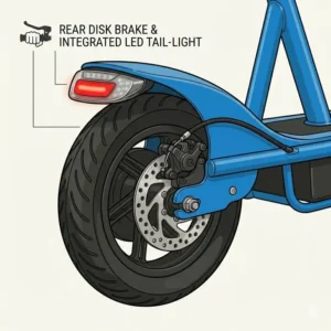 Detailed illustration of the rear disc brake and LED safety light on a childs electric scooter with seat.