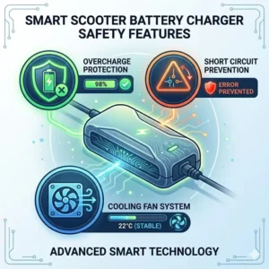 Illustration 2: A technical illustration highlighting the advanced safety and protection features of smart scooter battery chargers.
