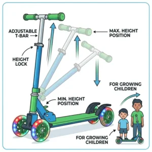 Illustration of the telescoping T-bar on a 4 wheel kick scooter for growing children.