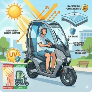 Graphic showing how a canopy scooter provides UV protection and shade for riders during summer.