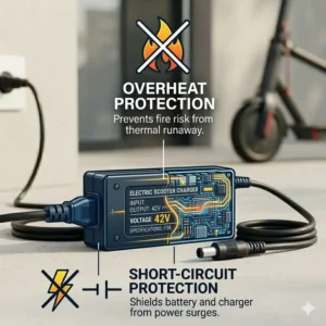 Illustration 3: An infographic-style illustration showing an electric scooter charger with built-in overheat and short-circuit protection.