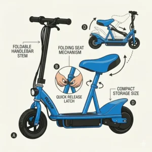 A diagram showing the folding mechanism and portability of a childs electric scooter with seat.