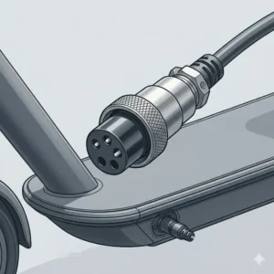 Close-up of a GX16 3-pin connector used in specific types of electric scooter chargers.