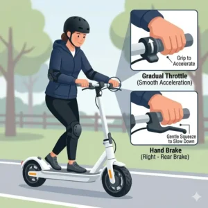 "An educational graphic focusing on using the throttle and brakes smoothly, an essential skill for how to ride an electric scooter safely for beginners."