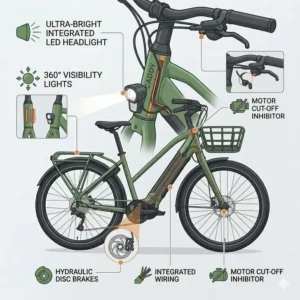 Close-up illustration highlighting the hydraulic disc brakes and integrated LED lighting of a caddy bikecaddy bikecaddy bike.
