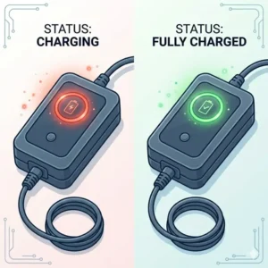 Illustration 3: A close-up graphic showing the red and green LED status indicator lights on modern scooter battery chargers.