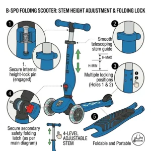 Illustration of the adjustable handlebar height levels on a childrens folding scooter.