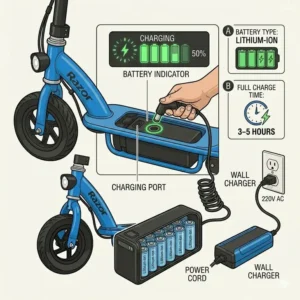 Graphic illustration explaining the battery charging process for a childs electric scooter with seat.