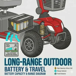 Graphic showing the long-range battery capacity of the best mobility scooter for outdoors.