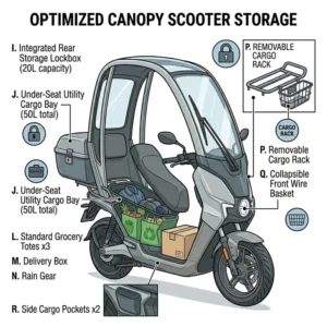 Illustration of the rear storage compartment and grocery basket options on a canopy scooter model.