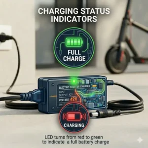 Illustration 4: Illustration of an electric scooter charger LED light turning from red to green to indicate a full battery charge.