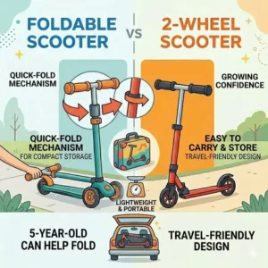 Visual demonstration of the quick-folding mechanism for easy transport of a scooter for 5 year old.