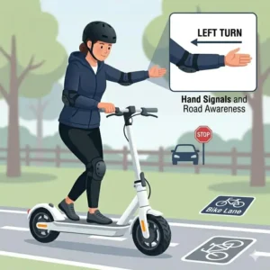 "A visual guide illustrating clear hand signals for turning and stopping, emphasizing how to ride an electric scooter safely for beginners in bike lanes."