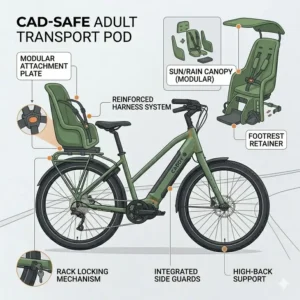 A modular adult transport pod and safety harness system designed for the rear rack of the caddy bikecaddy bikecaddy bike.