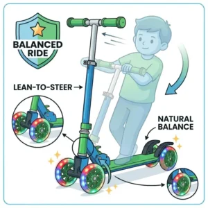 Close-up illustration of the lean-to-steer technology on a 4 wheel kick scooter.