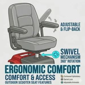 Ergonomic swivel seat and adjustable armrests on the best mobility scooter for outdoors