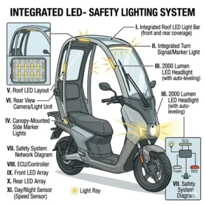 Visual guide to the LED headlight and taillight system integrated into a canopy scooter roof and body.