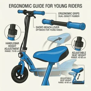 Ergonomic guide showing the adjustable handlebar and height settings of a childs electric scooter with seat.