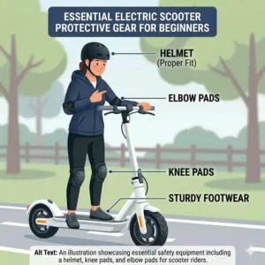 "An illustration displaying all the essential safety gear required, explaining how to ride an electric scooter safely for beginners by protecting yourself."