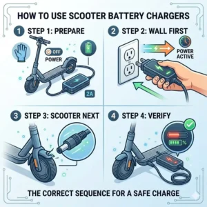 Illustration 5: A step-by-step infographic showing the correct and safe sequence to plug in scooter battery chargers.