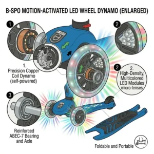 Close-up of motion-activated LED light-up wheels on a childrens folding scooter.