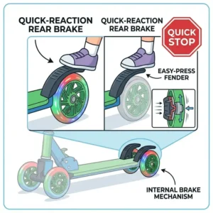 Illustration highlighting the quick-reaction rear fender brake on a 4 wheel kick scooter.