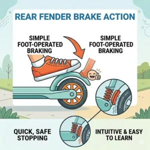 Detailed view of the intuitive rear fender brake action on a safe scooter for 5 year old.