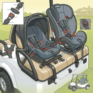 Detailed view of a five-point harness system used within a car seat for golf cart.