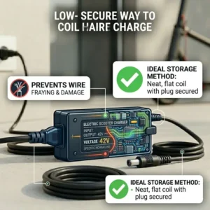 Illustration 5: Illustration showing the correct way to coil an electric scooter charger cable to prevent wire fraying and damage.