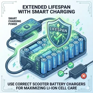 Illustration 6: A detailed graphic explaining how using the right scooter battery chargers extends the lifespan of Li-ion cells.
