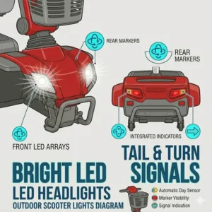 Bright LED headlights and safety indicators on the best mobility scooter for outdoors.