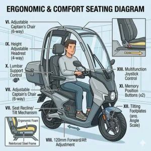Illustration highlighting the adjustable captain's chair and ergonomic controls under a protective canopy scooter.