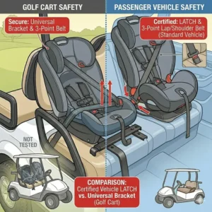 Diagram comparing proper car seat for golf cart placement on a golf cart versus a standard vehicle.