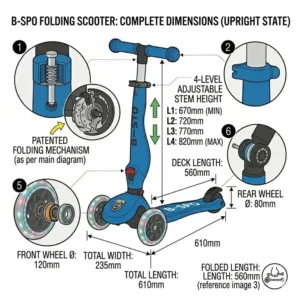 Size guide showing the full dimensions and measurements of a childrens folding scooter.