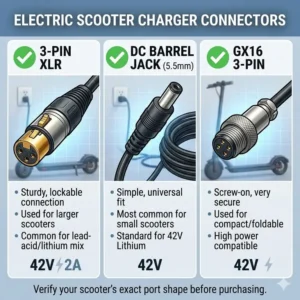 Illustration 6: A comparison chart of common electric scooter charger connectors including 3-pin XLR, DC barrel jack, and GX16.