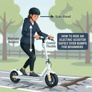 "An infographic showing how to safely handle bumps, cracks, and uneven ground when learning how to ride an electric scooter safely for beginners."