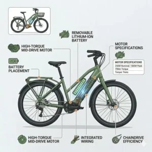 Detailed view of the high-torque mid-drive motor and removable battery system on a caddy bikecaddy bikecaddy bike.