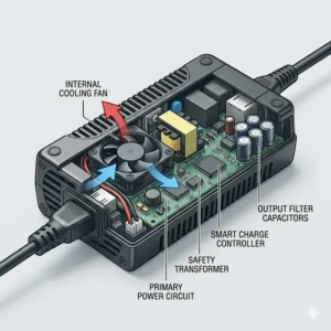 The internal cooling and circuit structure of advanced types of electric scooter chargers.