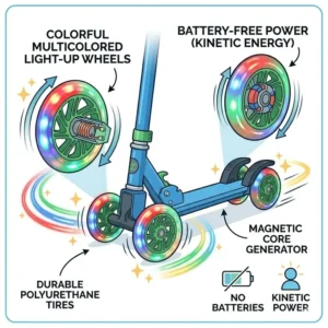 Colorful illustration of a 4 wheel kick scooter with glowing battery-free LED wheels.