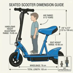 An illustration of a child wearing safety gear while operating a childs electric scooter with seat.