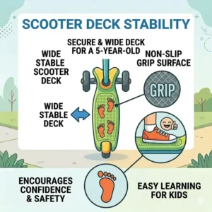 Top-down view showing the non-slip wide deck and foot placement on a scooter for 5 year old.