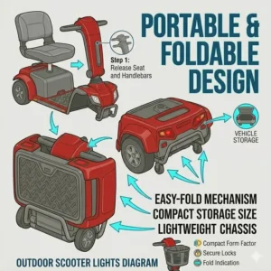 A portable, foldable version of the best mobility scooter for outdoors being stored in a vehicle.