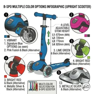 A variety of available colors for the childrens folding scooter including pink, green, and red.
