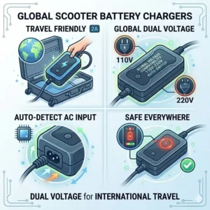 Illustration 7: An illustration of travel-friendly scooter battery chargers featuring global dual voltage 110V-220V support.