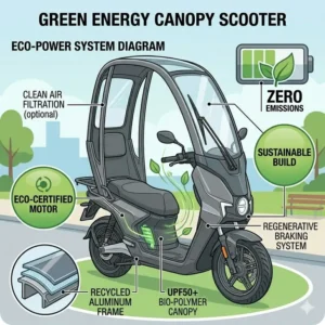 A stylized graphic of a canopy scooter with a battery icon, emphasizing its zero-emission electric motor.