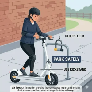 "A diagram illustrating safe parking and proper locking techniques, a final key component of how to ride an electric scooter safely for beginners."
